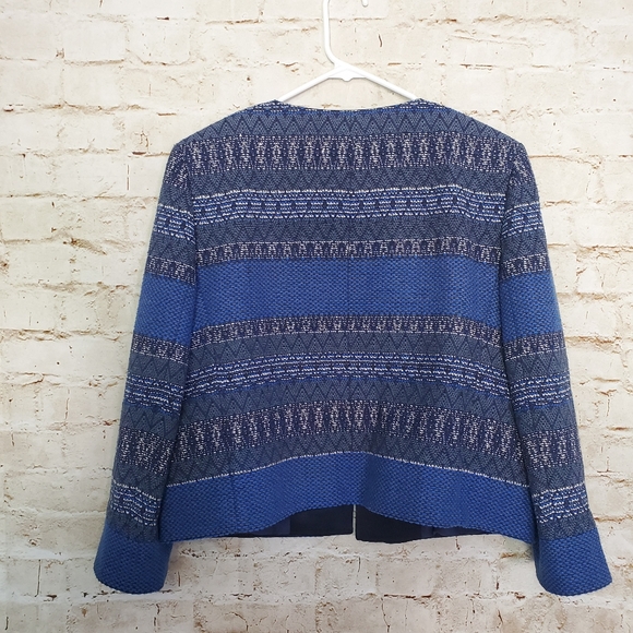 Ann Taylor Blue Tapestry Open Front Collarless Jac - Picture 3 of 3